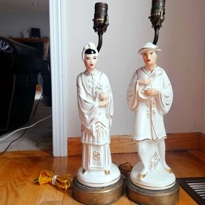 Vintage Porcelain Ceramic China Japan Asian Man & Woman Figure Lamps Brass Bases
